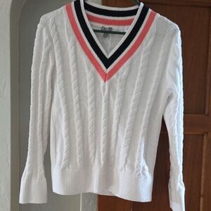 Talbots White V-Neck Sweater with Pink and Black Trim